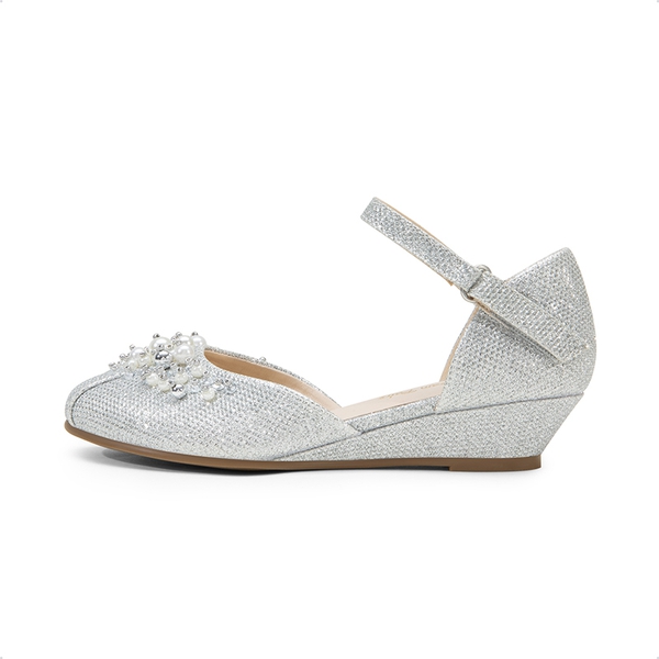 Girls Pearl Low Wedge Shoes - SILVER-GLITTER - 1